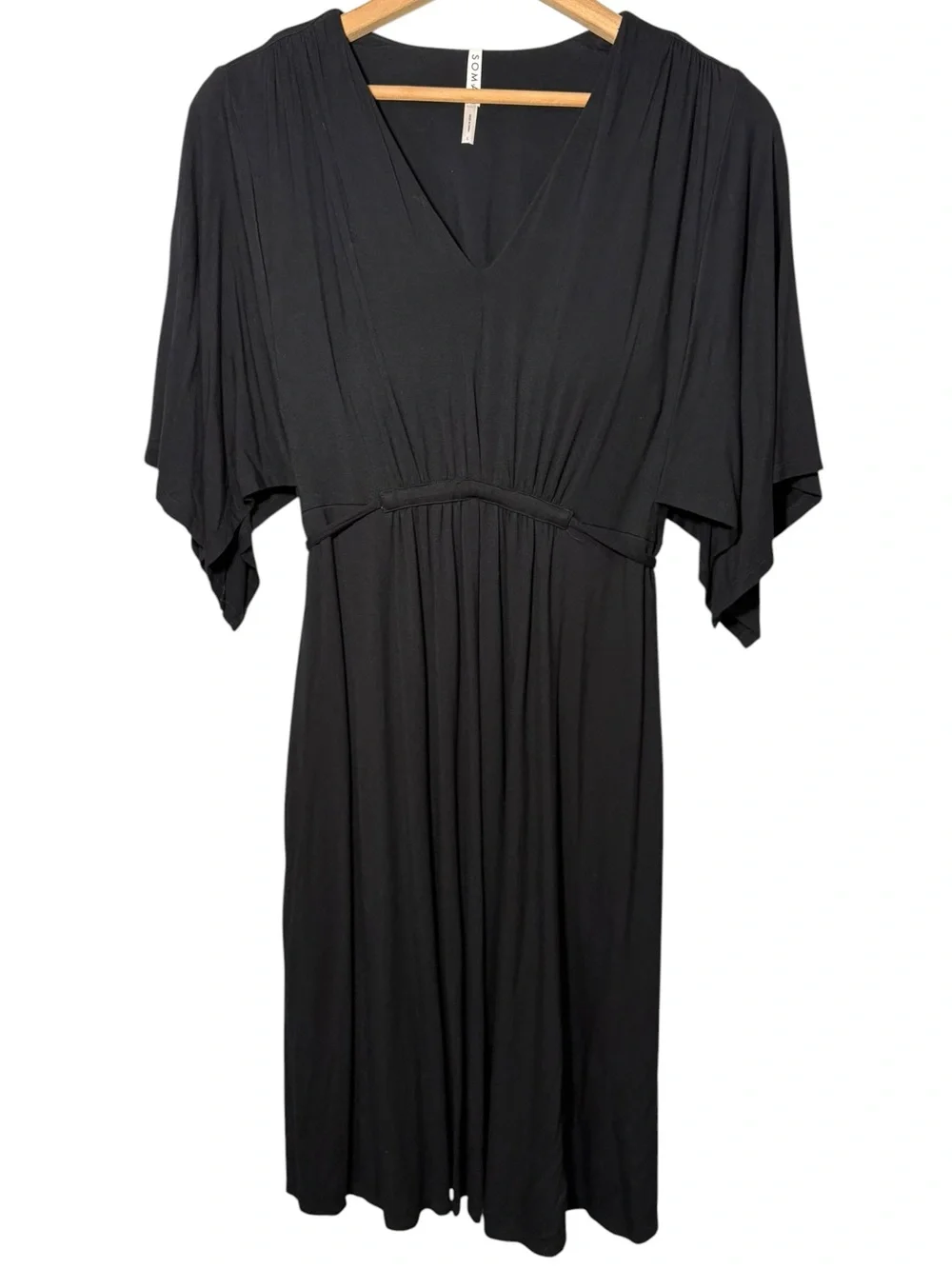SOMA | Black Soft Jersey Caftan V-Neck Flutter Sleeve Midi Dress L Built In Bra - Picture 3 of 15